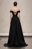Off The Shoulder Black and White A-Line Evening Dress With Lace Up Back
