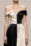 Off The Shoulder Black and White A-Line Evening Dress With Lace Up Back