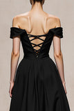 Off The Shoulder Black and White A-Line Evening Dress With Lace Up Back