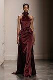 Burgundy Satin Halter Maxi Evening Dress