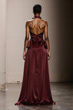 Burgundy Satin Halter Maxi Evening Dress