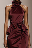 Burgundy Satin Halter Maxi Evening Dress