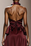 Burgundy Satin Halter Maxi Evening Dress