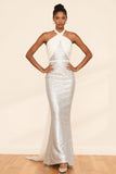 Sparkly White Halter Mermaid Evening Dress With Sash