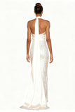 Sparkly White Halter Mermaid Evening Dress With Sash