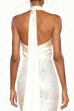 Sparkly White Halter Mermaid Evening Dress With Sash