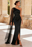 One Shoulder Mermaid Ruched Black Tie Dress With Slit
