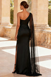One Shoulder Mermaid Ruched Black Tie Dress With Slit