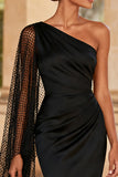 One Shoulder Mermaid Ruched Black Tie Dress With Slit