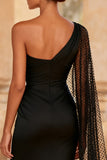 One Shoulder Mermaid Ruched Black Tie Dress With Slit