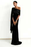 Black One Shoulder Mermaid Maxi Evening Dress With Sash