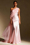 White Mermaid One Shoulder Maxi Evening Dress with Sash