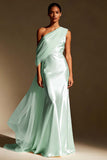White Mermaid One Shoulder Maxi Evening Dress with Sash