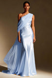 White Mermaid One Shoulder Maxi Evening Dress with Sash