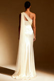 White Mermaid One Shoulder Maxi Evening Dress with Sash