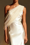 White Mermaid One Shoulder Maxi Evening Dress with Sash