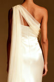 White Mermaid One Shoulder Maxi Evening Dress with Sash