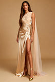One Shoulder Satin Champagne Evening Dress With Slit