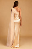One Shoulder Satin Champagne Evening Dress With Slit