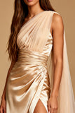 One Shoulder Satin Champagne Evening Dress With Slit