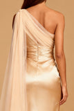 One Shoulder Satin Champagne Evening Dress With Slit