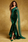 Dark Green Mermaid Velvet One Shoulder Evening Dress with Sash