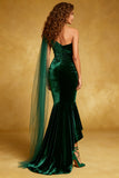 Dark Green Mermaid Velvet One Shoulder Evening Dress with Sash