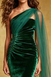 Dark Green Mermaid Velvet One Shoulder Evening Dress with Sash