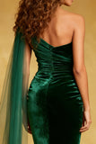 Dark Green Mermaid Velvet One Shoulder Evening Dress with Sash