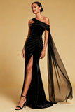 Black Mermaid One Shoulder Velvet Maxi Evening Dress With Slit
