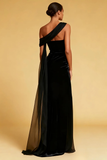Black Mermaid One Shoulder Velvet Maxi Evening Dress With Slit