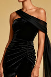 Black Mermaid One Shoulder Velvet Maxi Evening Dress With Slit