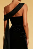 Black Mermaid One Shoulder Velvet Maxi Evening Dress With Slit
