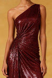 Sparkly Burgundy One Shoulder High-Low Ruched Evening Dress