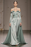 Mint Green A-Line Off The Shoulder Maxi Evening Dress with Long Sleeves