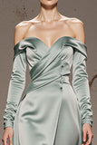 Mint Green A-Line Off The Shoulder Maxi Evening Dress with Long Sleeves