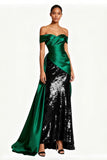 Sparkly Off The Shoulder Dark Green Ruched Holiday Dress