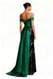 Sparkly Off The Shoulder Dark Green Ruched Holiday Dress