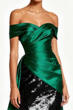 Sparkly Off The Shoulder Dark Green Ruched Holiday Dress