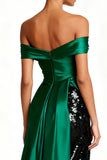 Sparkly Off The Shoulder Dark Green Ruched Holiday Dress