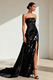 Black Strapless Satin Sequin Evening Dress With Slit