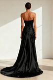Black Strapless Satin Sequin Evening Dress With Slit