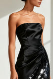 Black Strapless Satin Sequin Evening Dress With Slit