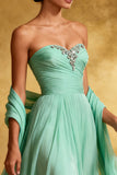 Strapless A-Line Mint Green Maxi Evening Dress with Beading