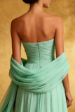 Strapless A-Line Mint Green Maxi Evening Dress with Beading