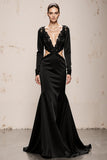 Black Mermaid Cut Out Long Sleeve Evening Dress With Lace