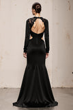 Black Mermaid Cut Out Long Sleeve Evening Dress With Lace