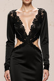 Black Mermaid Cut Out Long Sleeve Evening Dress With Lace
