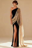 Elegant One Shoulder Black Mermaid Evening Dress With Slit
