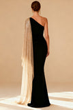 Elegant One Shoulder Black Mermaid Evening Dress With Slit